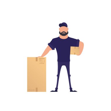 Kutulu bir adam. Teslimat konsepti. Beyaz arka planda izole edilmiş. Vektör.