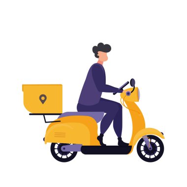 Motosikletli bir adam. Teslimat konsepti. Beyaz arka planda izole edilmiş. Vektör.