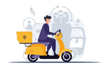 Motosikletli bir adam. Teslimat konsepti. Trend çizimi düz. Vektör.