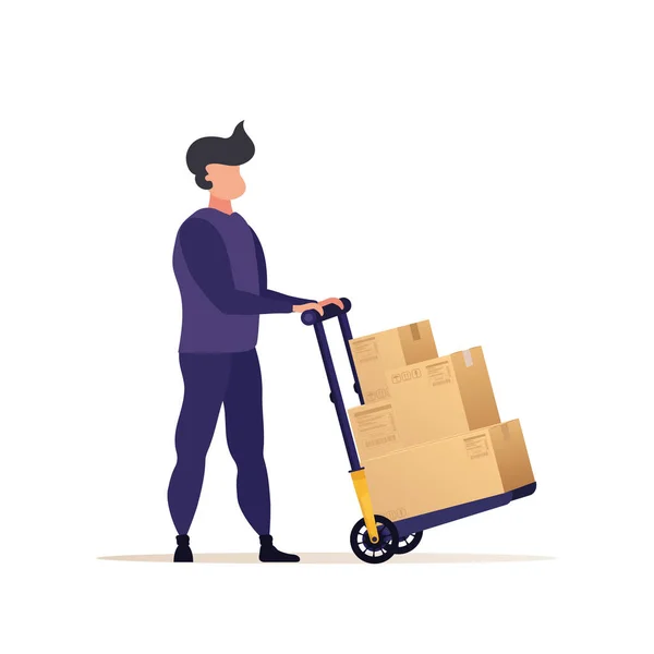 ローダーや宅配便はトロリーに箱を運ぶ 荷物を自宅や引越しの家に届けるというコンセプト 漫画風 ベクトルイラスト — ストックベクタ