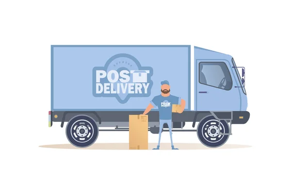 Posta Kuryesi Posta Kutunuzun Hemen Yanında Duruyor Tarzı Karikatüre Benziyor — Stok Vektör