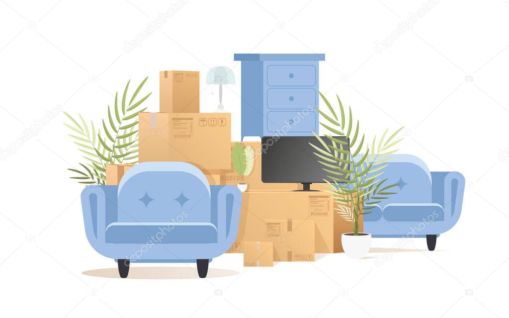 There are a lot of boxes and other items. Concept of relocating. On a white background, isolated. Vector illustration