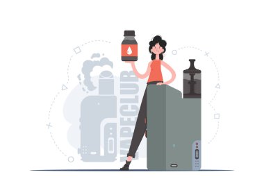 Kız elinde elektronik bir sigara tutuyordu. Yumuşak renklerle modaya uygun bir tarz. Sigara değiştirme kavramı. Vektör illüstrasyonu.