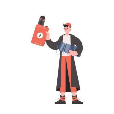 Adam elinde buhar için bir sistem tutuyor. Yumuşak renklerle modaya uygun bir tarz. Beyaz arka planda izole edilmiş. Vektör illüstrasyonu.