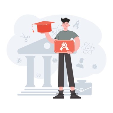 Mezuniyet diploması tutan mutlu çocuk. Kolej şapkası ve cübbesi ile mezun öğrenci, akademik öğrenim seremonisi, üniversite lisans derecesi