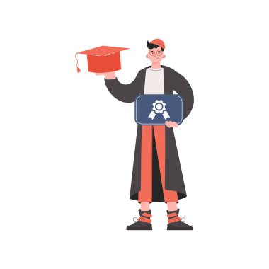 Adam büyümüş ve diplomasını almış. İzole edilmiş. Sunum elementleri, siteler. Vektör illüstrasyonu