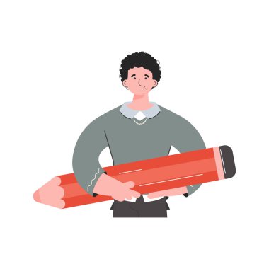 Şık bir adam beline kadar büyük bir kalem tutarak ayakta duruyor. İzole edilmiş. Sunum elementleri, siteler. Vektör illüstrasyonu