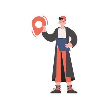 Yetişkin bir adam elinde bir coğrafi konum ikonu tutuyor. İzole edilmiş. Sunum elementleri, siteler. Vektör illüstrasyonu