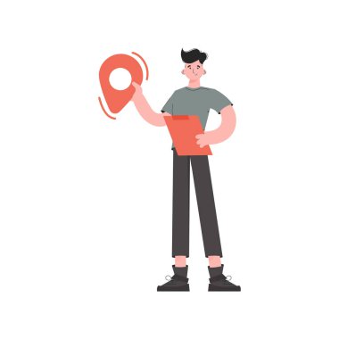 Yetişkin bir adam elinde bir konum simgesi tutuyor. İzole edilmiş. Sunum elementleri, siteler. Vektör illüstrasyonu