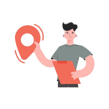 Adam beline kadar ayakta duruyor ve elinde bir konum ikonu tutuyor. İzole edilmiş. Sunum elementleri, siteler. Vektör illüstrasyonu