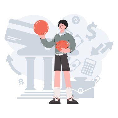 Elinde bozuk para tutan bir adam büyüyüp büyümüş. Tasarruf. Sunum elementleri, siteler. Vektör illüstrasyonu