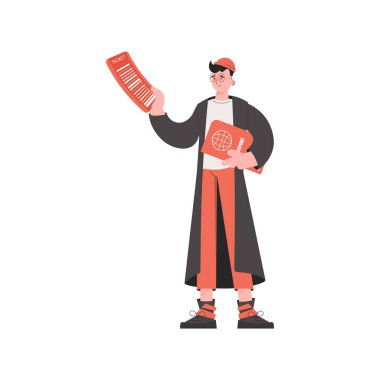 Elinde bilet tutan bir adam var. İzole edilmiş. Sunum elementleri, siteler. Vektör illüstrasyonu