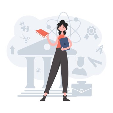 Bir kadın elinde bir kitap ve tabletle büyümekte. Online okul. Sunum elementleri, siteler. Vektör illüstrasyonu