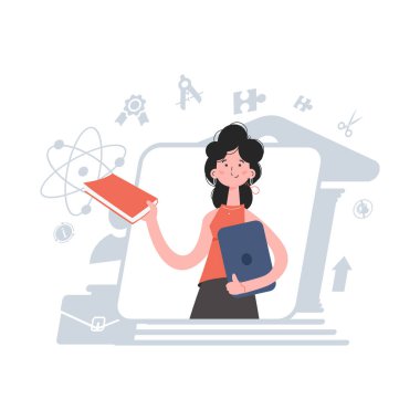Bir kadın beline kadar kitap ve tabletle ayakta duruyor. Online okul. Sunum elementleri, siteler. Vektör illüstrasyonu