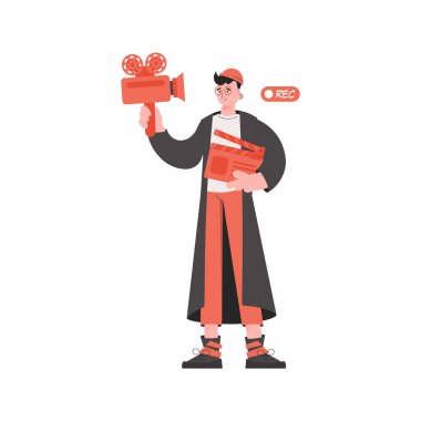 Bir adam boyundan büyük işlere kalkışıyor ve elinde bir klaket tutuyor. İzole edilmiş. Sunum elementleri, siteler. Vektör illüstrasyonu