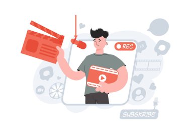 Bir adam beline kadar klaket film tutarak ayakta duruyor. Blog yazıyorum. Sunum elementleri, siteler. Vektör illüstrasyonu