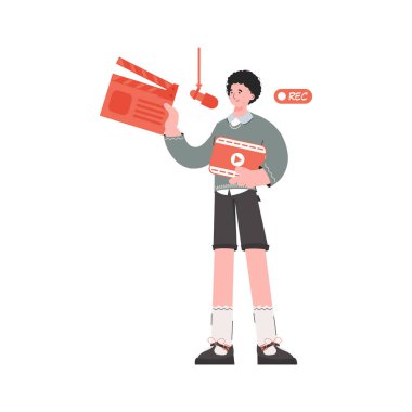 Bir adam boyundan büyük işlere kalkışıyor ve elinde bir klaket tutuyor. İzole edilmiş. Sunum elementleri, siteler. Vektör illüstrasyonu