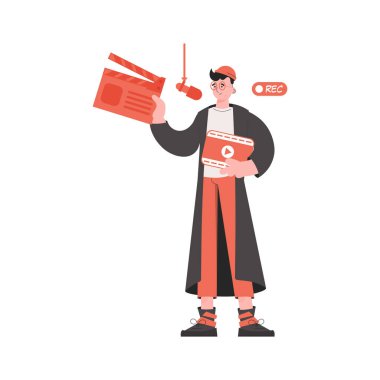 Bir adam açık bir alçıpanla tam gelişim içinde duruyor. İzole edilmiş. Sunum elementleri, siteler. Vektör illüstrasyonu