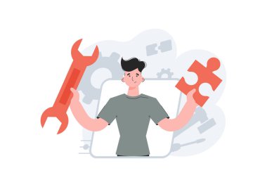 Bir adam beline kadar ingiliz anahtarı ve yapboz tutarak duruyor. Teknik destek. Sunum elementleri, siteler. Vektör illüstrasyonu