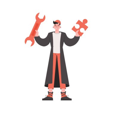 Yetişkin bir adam elinde bir ingiliz anahtarı tutuyor. İzole edilmiş. Sunum elementleri, siteler. Vektör illüstrasyonu