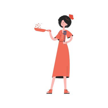 Elinde bir spatula tutan bir kadın var. İzole edilmiş. Sunum elementleri, siteler. Vektör illüstrasyonu