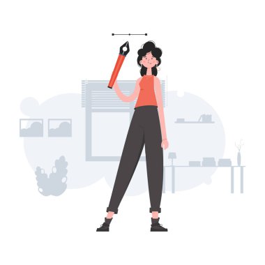 Bir kadın elinde fırça tutarak büyümekte. Tasarım. Sunum elementleri, siteler. Vektör illüstrasyonu