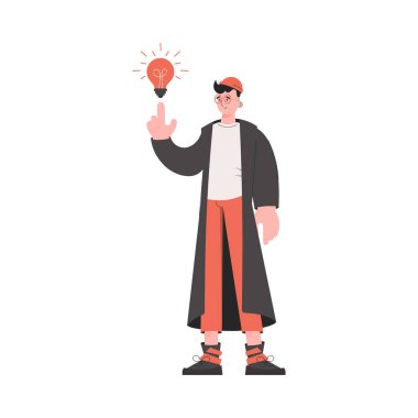 Ampul şeklinde bir fikri olan bir adam tam gelişim aşamasında. İzole edilmiş. Sunum elementleri, siteler. Vektör illüstrasyonu
