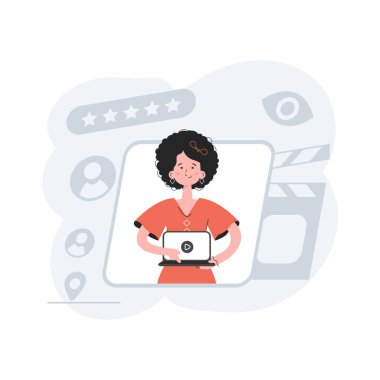 Bir kadın dizüstü bilgisayarında beline kadar videoyu açar. Video sunumu. Sunum elementleri, siteler. Vektör illüstrasyonu