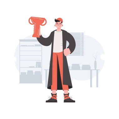 Yetişkin bir adam elinde bir kadehle ayakta duruyor. - Zafer. Sunum elementleri, siteler. Vektör illüstrasyonu