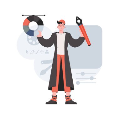 Bir adam tamamen büyümüş ve elinde bir renk paleti tutuyor. Yaratılış. Sunum elementleri, siteler. Vektör illüstrasyonu