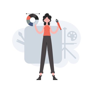 Bir kadın elinde bir kalem aleti ve renk paletiyle tam gelişim içinde duruyor. Yaratılış. Sunum elementleri, siteler. Vektör illüstrasyonu