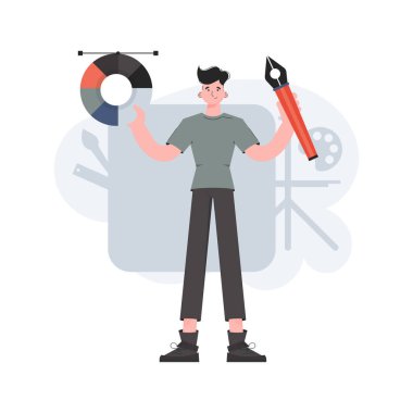 Bir adam elinde bir kalem aleti ve renk paletiyle tam gelişim içinde duruyor. Yaratılış. Sunum elementleri, siteler. Vektör illüstrasyonu