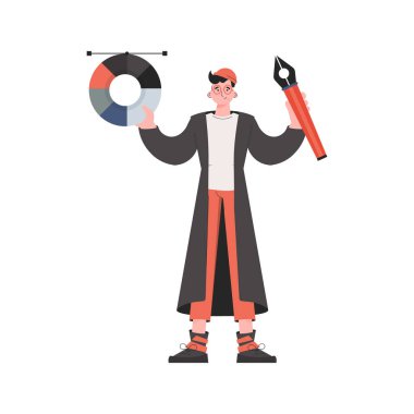 Bir adam tamamen büyümüş ve elinde bir renk paleti tutuyor. İzole edilmiş. Sunum elementleri, siteler. Vektör illüstrasyonu