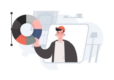 Bir adam beline kadar ayakta durur ve elinde bir renk paleti tutar. Tasarım. Sunum elementleri, siteler. Vektör illüstrasyonu