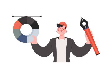 Bir adam beline kadar ayakta durur ve elinde bir renk paleti tutar. İzole edilmiş. Sunum elementleri, siteler. Vektör illüstrasyonu