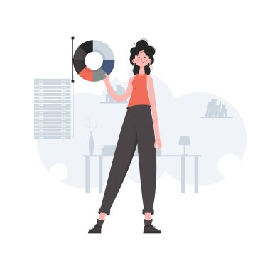 Bir kadın tamamen büyümüş ve elinde bir renk paleti tutuyor. Tasarım. Sunum elementleri, siteler. Vektör illüstrasyonu