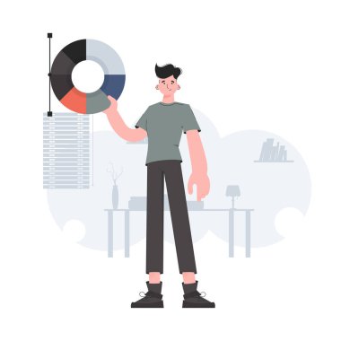 Renkli tekerleği olan bir adam tam bir yetişkin gibi duruyor. Tasarım. Sunum elementleri, siteler. Vektör illüstrasyonu