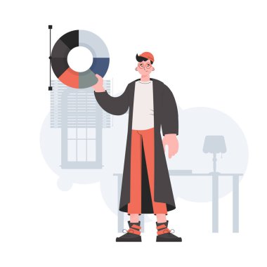 Bir adam tamamen büyümüş ve elinde bir renk paleti tutuyor. - Sanat. Sunum elementleri, siteler. Vektör illüstrasyonu