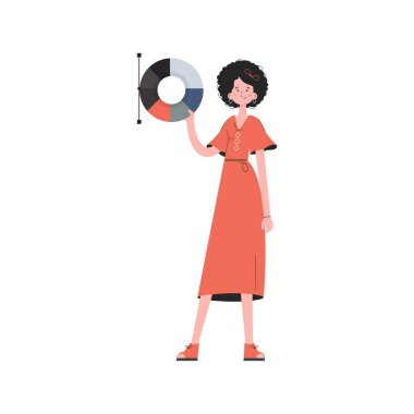 Bir kadın boyuna göre ayakta duruyor ve elinde bir palet boya tutuyor. İzole edilmiş. Sunum elementleri, siteler. Vektör illüstrasyonu