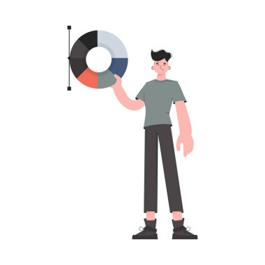 Yetişkin bir adam elinde bir palet boyayla ayakta duruyor. İzole edilmiş. Sunum elementleri, siteler. Vektör illüstrasyonu