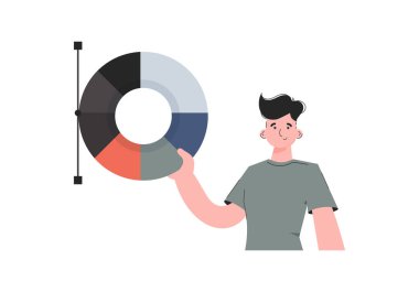 Bir adam beline kadar ayakta duruyor ve elinde bir palet boya tutuyor. İzole edilmiş. Sunum elementleri, siteler. Vektör illüstrasyonu