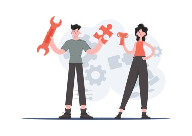 Bir adam ve bir kadın büyüyüp bir yapboz, bir İngiliz anahtarı ve bir kadeh tutuyorlar. Teknik destek. Sunum elementleri, siteler. Vektör illüstrasyonu