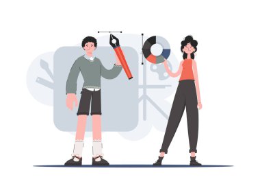 Bir erkek ve bir kadın tam büyümüş ve bir palet boya tutuyorlar. Tasarım. Sunum elementleri, siteler. Vektör illüstrasyonu