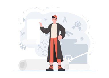 Elinde boş bir pankartıyla büyümekte olan bir adam. Reklam için yer var. Düz stil. Sunum elementleri, siteler. Vektör illüstrasyonu