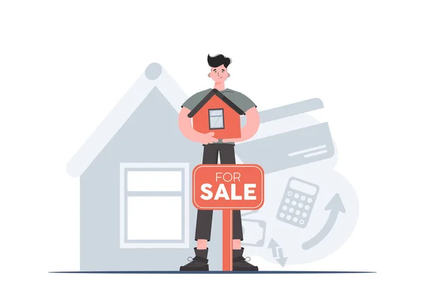 Man Stands Full Growth Holds Model House Property Sale Flat — Stock Vector