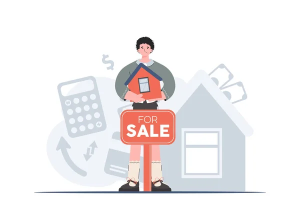 Продажей Дома Занимается Человек Стоящий Полном Росте Продажа Недвижимости Плоский — стоковый вектор
