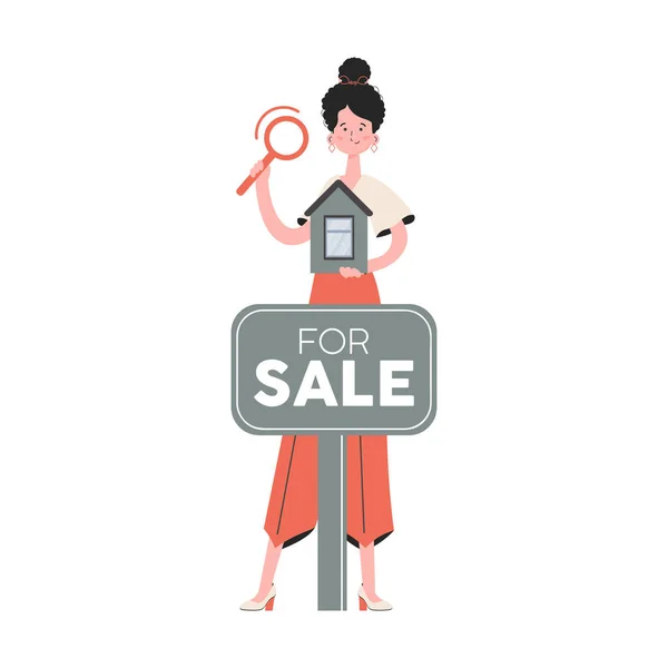 Woman Stands Full Growth Engaged Search House Isolated Flat Style — Stock Vector