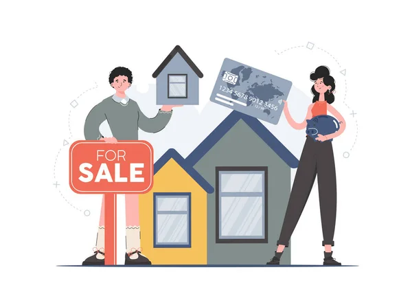 Woman Man Standing Full Growth Next Sign Sold Real Estate — Stock Vector