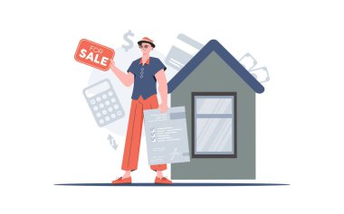 Bir adam elinde evraklar ve satılık bir tabela tutuyor. Ev ya da gayrimenkul satmak. Moda tarzı. Vektör illüstrasyonu.