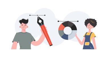 Bir erkek ve bir kadın bel hizasında ve bir renk tekerleği tutuyorlar. Tasarım. Sunum elementi. Vektör illüstrasyonu